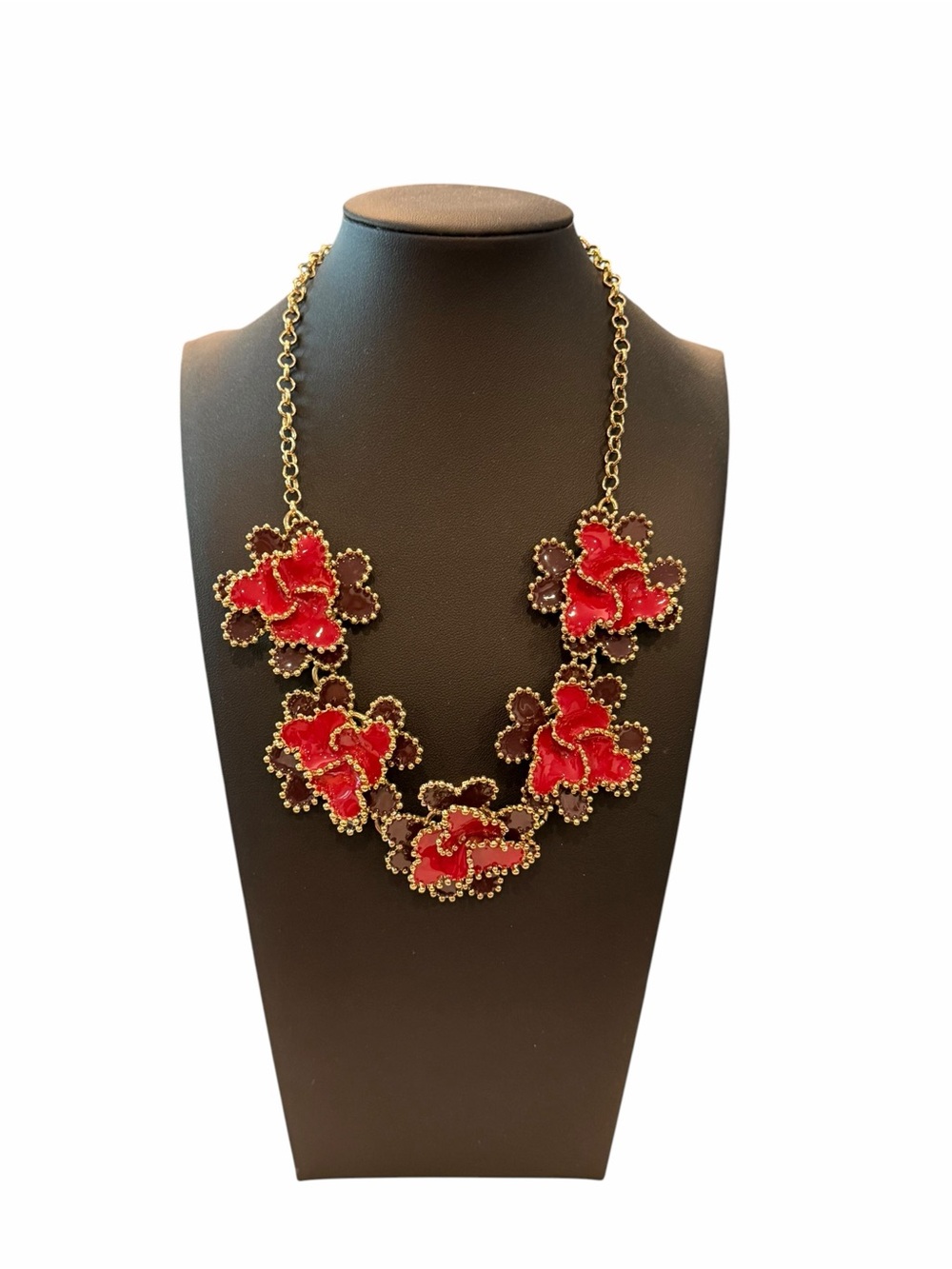 Ann Taylor Flower Collar Necklace Red Purple Enamel Gold Tone 18โ Bib Statementโ